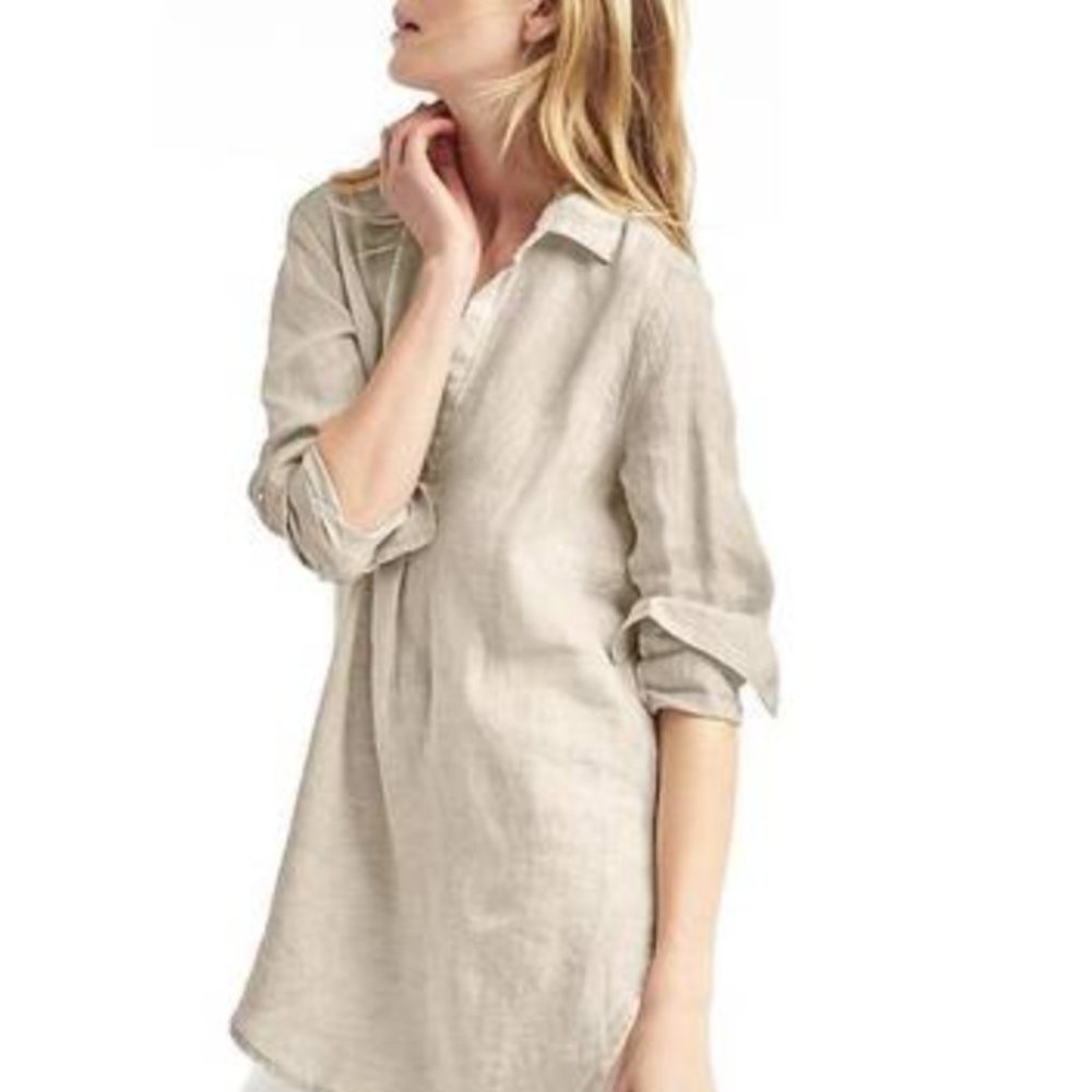 Gap Boyfriend Linen neutral beige white stripe popover tunic | Women's Small